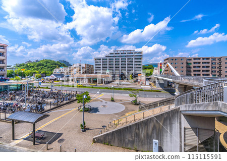 Yokohama cityscape in Japan, overlooking Kitayamada Station on the Yokohama Municipal Subway Green Line and Yokohama International Pool 115115591