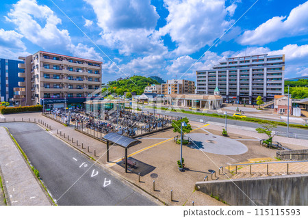 Yokohama cityscape in Japan, overlooking Kitayamada Station on the Yokohama Municipal Subway Green Line and Yokohama International Pool 115115593