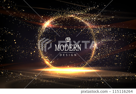 Abstract illustration with round golden frame and tinsel on black background 115116264