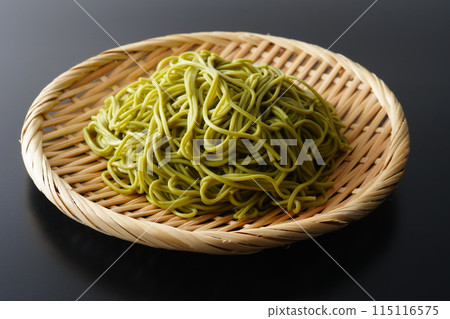 Green tea soba noodles served in a colander 115116575
