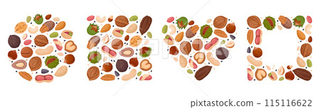 Cartoon nuts frames. Peanut, walnut, almond and pistachio circle, heart and square frames flat vector illustration set. Tasty nuts snacks geometric shapes 115116622