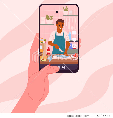 Cooking tutorial on smartphone screen. Food preparing video live stream, man cooking food online flat vector illustration. Online culinary show on smartphone screen Cooking tutorial on smartphone screen. Food preparing video live stream, man cooking food online flat vector illustration. Online culinary show on smartphone screen 115116628
