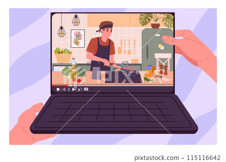 Man cooking food online. Cooking tutorial on laptop screen, food preparing video live stream flat vector illustration. Online culinary show on notebook computer screen Man cooking food online. Cooking tutorial on laptop screen, food preparing video live stream flat vector illustration. Online culinary show on notebook computer screen 115116642