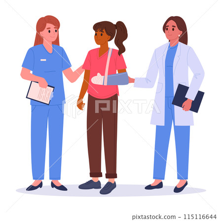 Medical workers with patient. Female doctors and patient with plastered hand flat vector illustration. Medical emergency room appointment Medical workers with patient. Female doctors and patient with plastered hand flat vector illustration. Medical emergency room appointment 115116644