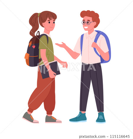 Middle school students. School students with backpacks and books talking to each other flat vector illustration. Junior high school pupils Middle school students. School students with backpacks and books talking to each other flat vector illustration. Junior high school pupils 115116645