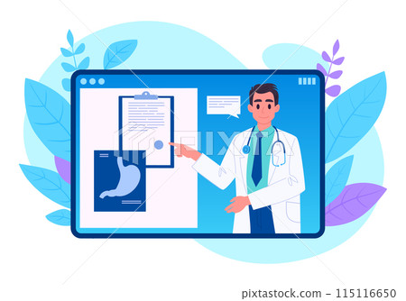 Online doctor service. Digital healthcare consultation on tablet screen, medicine appointment and test results flat vector illustration. Online medical app 115116650