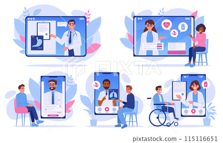 Online medicine services. Doctors online consultation, making appointment and test results, medicines prescriptions and digital healthcare flat vector illustration set. Online clinical services 115116651