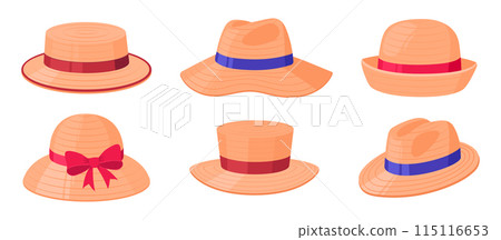 Straw hats. Summer beach, gardener or farmer headwear, vacation straw hats flat vector illustrations set. Cartoon straw hats collection Straw hats. Summer beach, gardener or farmer headwear, vacation straw hats flat vector illustrations set. Cartoon straw hats collection 115116653