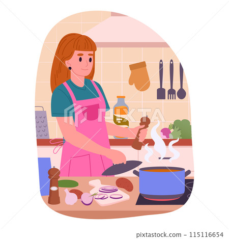 Woman cooking at home. Female character preparing food at home, woman cooking tasty dishes flat vector illustration. Homemade meal preparation 115116654