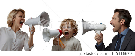 A woman, a child of about 5 years old and a man in business clothes are holding a megaphone and shouting. Concept of conflict. Set of people with megaphones 115116679