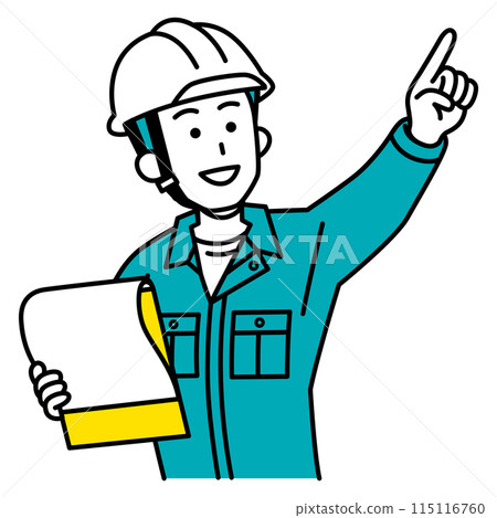 A male worker holding a document and pointing into the distance 115116760