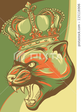 Vector portrait of an angry, grinning Puma, wild cat with a golden crown on his head 115116906