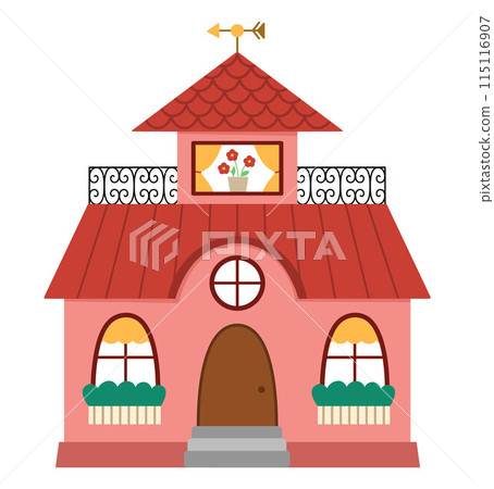 Vector beautiful house icon. Residential building colorful illustration. Cute cottage with flowers. Funny little country, town or city picture with roof, walls, shutters 115116907