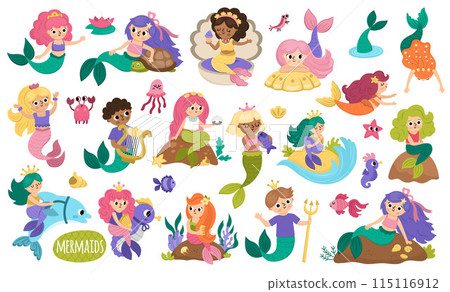 Vector mermaids set. Underwater kingdom collection with ocean princess, prince. Cartoon marine fairytale characters for kids. Water adventures clipart with sirens swimming, sitting on rock Vector mermaids set. Underwater kingdom collection with ocean princess, prince. Cartoon marine fairytale characters for kids. Water adventures clipart with sirens swimming, sitting on rock 115116912