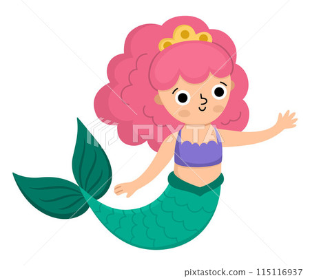 Fairy tale vector mermaid with pink hair. Fantasy fish girl isolated on white background. Fairytale sea princess. Treasure island, pirate, underwater adventure icon. Cute girlish siren character Fairy tale vector mermaid with pink hair. Fantasy fish girl isolated on white background. Fairytale sea princess. Treasure island, pirate, underwater adventure icon. Cute girlish siren character 115116937