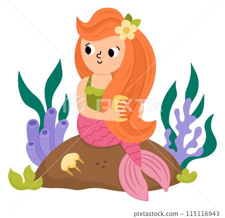 Fairy tale vector mermaid sitting on a rock, combing her hair. Fantasy fish girl isolated on white background. Fairytale sea princess. Cute siren character. Underwater adventure icon Fairy tale vector mermaid sitting on a rock, combing her hair. Fantasy fish girl isolated on white background. Fairytale sea princess. Cute siren character. Underwater adventure icon 115116943