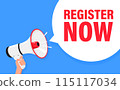 Register to Vote. Hand hold megaphone speaker for announce. Attention please. Shouting people, advertisement speech symbol 115117034