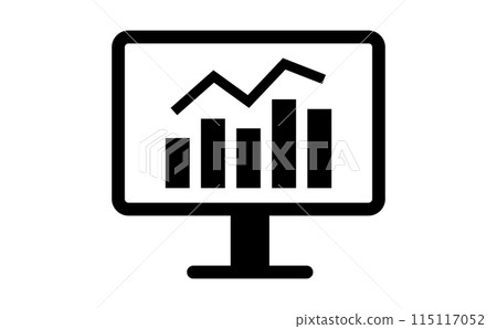 電腦螢幕上顯示的折線圖和長條圖的黑線繪圖圖標 電腦螢幕上顯示的折線圖和長條圖的黑線繪圖圖標 115117052