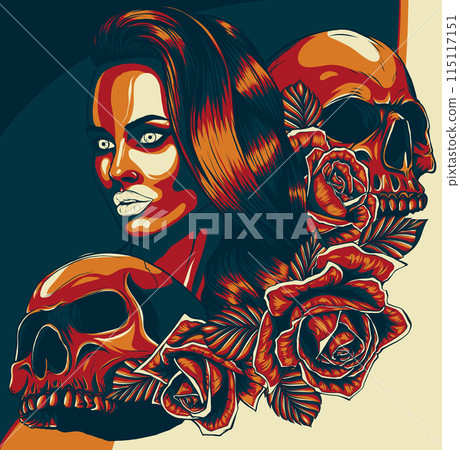 vector illustration of Dead girl with two skulls. vector illustration of Dead girl with two skulls. 115117151