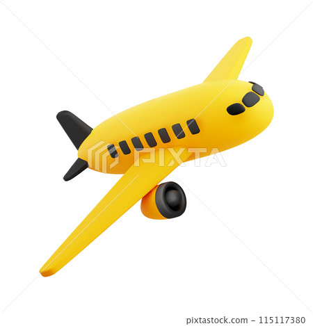 Cute 3D Cartoon Yellow and Black Airplane, isolated on white background. Ideal for travel advertising, commercial aviation, booking, or air transportation concepts. Vector illustration of 3D render. 115117380
