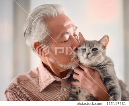 Elderly man with cat 115117381