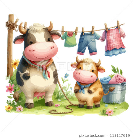 Watercolor illustration of a cow on a lawn. Watercolor illustration of a cow on a lawn. 115117619