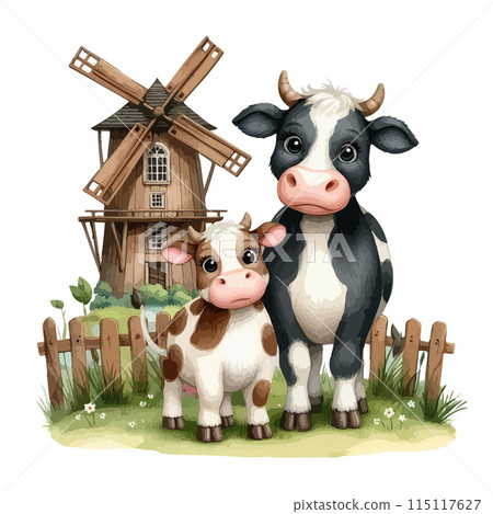 Watercolor illustration of a cow on a lawn. Watercolor illustration of a cow on a lawn. 115117627
