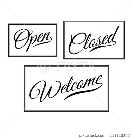 Lettering Open Closed and Welcome door sign for element design 115118263