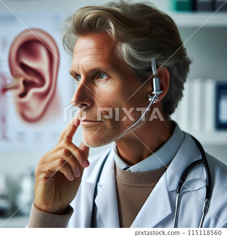 A doctor with a stethoscope headset gestures with his hand A doctor with a stethoscope headset gestures with his hand 115118560