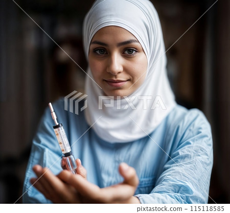 Confident hijab-clad female nurse holds syringe in ward 115118585