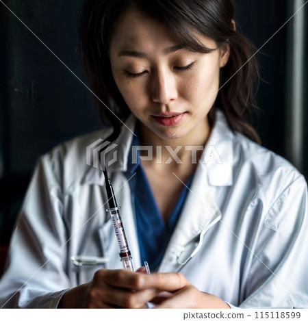 A whitecollar worker in a lab coat with stethoscope around neck checks phone 115118599