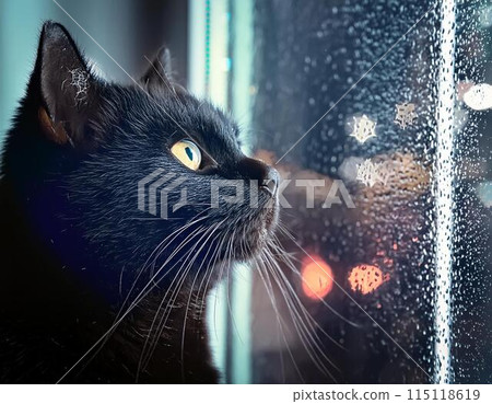 A black cat looking out the window on a rainy day A black cat looking out the window on a rainy day 115118619