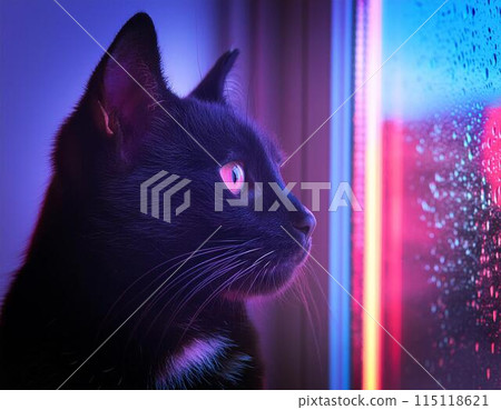 A black cat looking out the window at night on a rainy day A black cat looking out the window at night on a rainy day 115118621