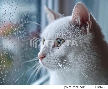 A white cat looking outside from a window on a - Stock 