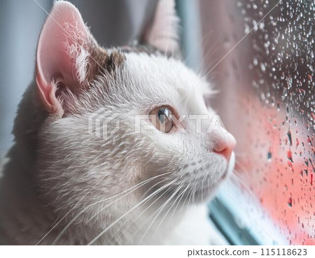 A white cat looking outside from a window on a rainy day 115118623