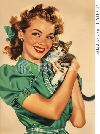 Beaming woman in green dress holding a kitten, retro style high quality illustration 115119134