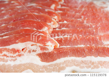 Raw pork streaky brisket bacon meat texture background close up Raw pork streaky brisket bacon meat texture background close up 115119378