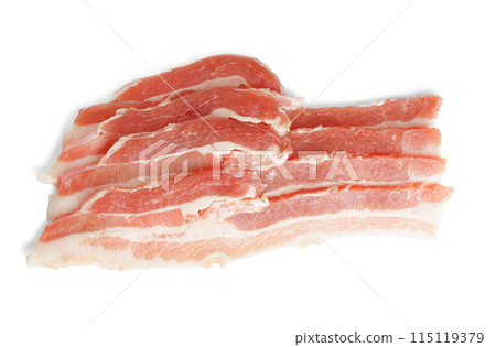 Piece of raw pork streaky brisket bacon meat close up, macro isolated on white background 115119379