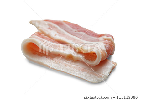 Piece of raw pork streaky brisket bacon meat close up, macro isolated on white background Piece of raw pork streaky brisket bacon meat close up, macro isolated on white background 115119380