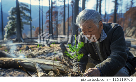 Banner with an elderly man planting a tree seedling in the ground, after a fire in the forest, banner for Earth Day. Each tender seedling represents a promise for the future Banner with an elderly man planting a tree seedling in the ground, after a fire in the forest, banner for Earth Day. Each tender seedling represents a promise for the future 115119766