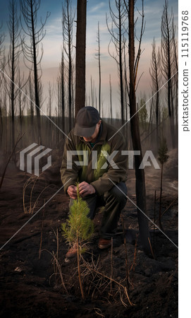 Vertical poster with a forester inspecting a young pine tree planted in the forest after a fire, a concept about the care and restoration of forests and nature Vertical poster with a forester inspecting a young pine tree planted in the forest after a fire, a concept about the care and restoration of forests and nature 115119768