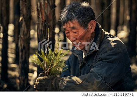 Portrait of a Japanese forester inspecting a spruce seedling before planting in the soil, restoration and reclamation of forestry and land Portrait of a Japanese forester inspecting a spruce seedling before planting in the soil, restoration and reclamation of forestry and land 115119771
