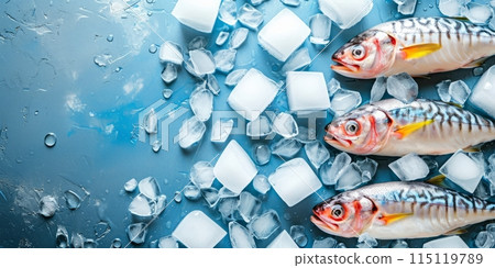 Fresh Mackerel Fish with Ice Cubes on Blue Background with copy space for text. Banner for seafood market or restaurant, culinary blog Fresh Mackerel Fish with Ice Cubes on Blue Background with copy space for text. Banner for seafood market or restaurant, culinary blog 115119789