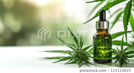 CBD Oil Dropper Bottle with Hemp Leaves on Light Nature Background 115119825