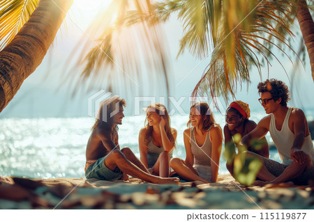 Company of happy friends enjoying vacation, sitting and talking on the beach near the azure ocean, youth party and vacation concept, bright sunny day 115119877