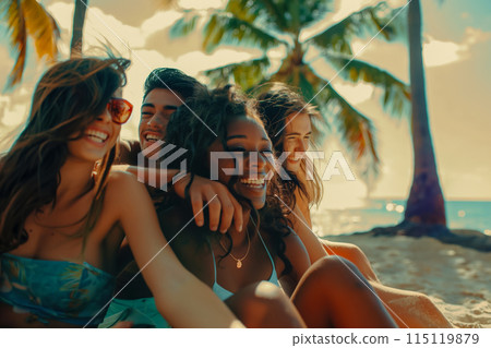 Drawing of happy friends enjoying vacation, sitting and talking on the beach near the azure ocean, youth party concept, bright sunny day Drawing of happy friends enjoying vacation, sitting and talking on the beach near the azure ocean, youth party concept, bright sunny day 115119879