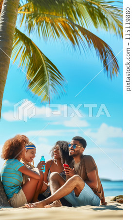 Portrait of friends enjoying vacation, sitting and talking on the beach near the azure ocean, youth party concept, bright sunny day, vertical poster Portrait of friends enjoying vacation, sitting and talking on the beach near the azure ocean, youth party concept, bright sunny day, vertical poster 115119880