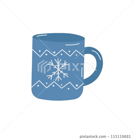 Blue mug with white snowflake pattern. Mug on white background 115119881