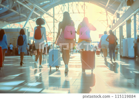 Banner for an invitation to travel to popular places, young women walking with suitcases through terminal of futuristic airport, view from the back, backlight, going on a long-awaited vacation to sea 115119884