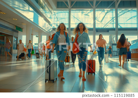 Friends walking with suitcases through the terminal of a futuristic airport, going on a long-awaited vacation to the sea, an invitation to travel 115119885